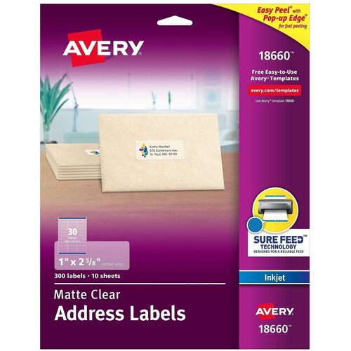 Mailing Labels, Permanent, Adhesive, 1" x 2-5/8", Clear 300/PK