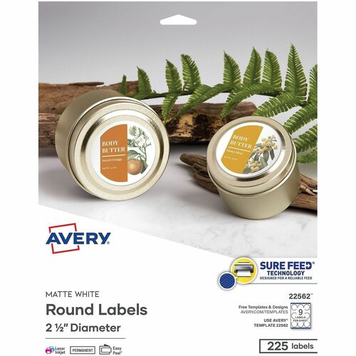 Labels, Round, Sure Feed, Permanent, 2-1/3" Dia, Matte White 225/PK