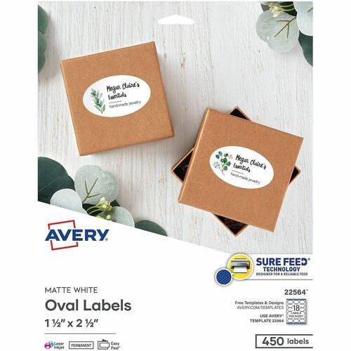 Labels, Oval, Sure Feed, Permanent, 1-1/2" x 2-1/2", Matte White 450/PK
