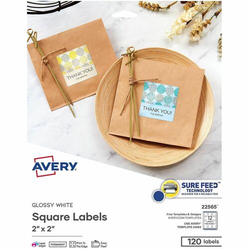 Labels, Square, Sure Feed, Permanent, 2" x 2", Glossy White 120/PK