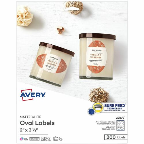 Labels, Oval, Sure Feed, Permanent, 2" x 3-1/3", Matte White 200/PK