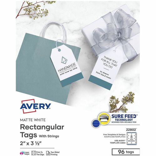 Printable Tags, W/Strings, Rectangle, 2" x 3-1/2", White 96/PK