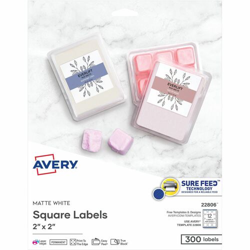 Labels, Square, Permanent, 2" x 2", White 300/PK