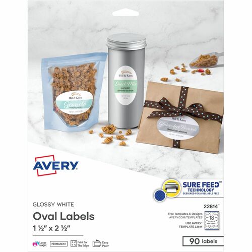 Label, Oval, Sure Feed, 1-1/2" x 2-1/2", Glossy White, 90/PK 5/CT