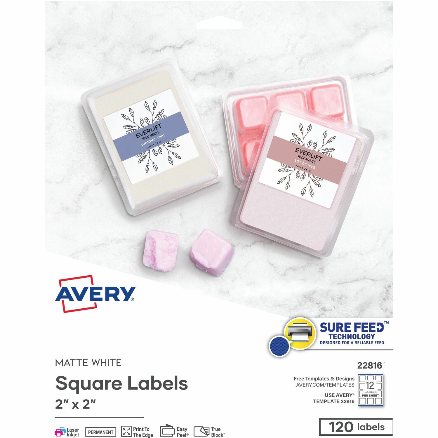 Labels, Square, Permanent, 2" x 2", White, 120/PK 5/CT