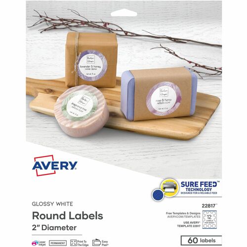 Label, Round, Sure Feed, Permanent, 2", Glossy White, 60/PK 5/CT