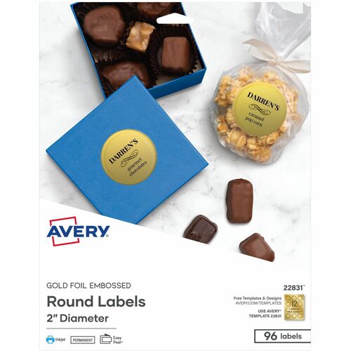 Labels, Round, Foil/Embossed, 2" Dia, Gold 96/PK