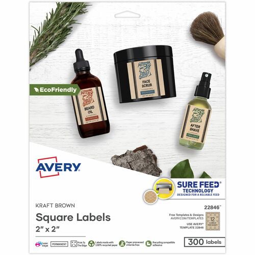 Square Labels, Adhesive, 2", Kraft 300/PK