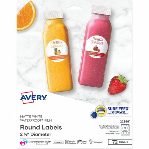 Labels, Round, 9 Up, Laser/Inkjet, 2-1/2" Dia, White 72/PK