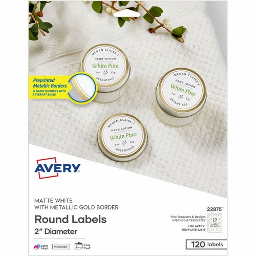 Labels, Round, Boarder, Printer Safe, 2" Dia, White/Gold 120/PK