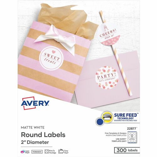 Labels, Round, Permanent, 2" Dia, Matte White 300/PK