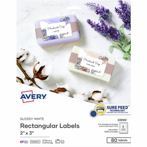 Labels, Rectangular, Glossy, Easy Peel, Sure Feed, 3" x 2", White 80/PK