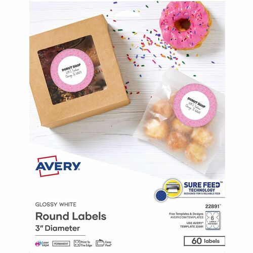 Labels, Round, Glossy, Easy Peel, Sure Feed, 3" Dia, White 60/PK
