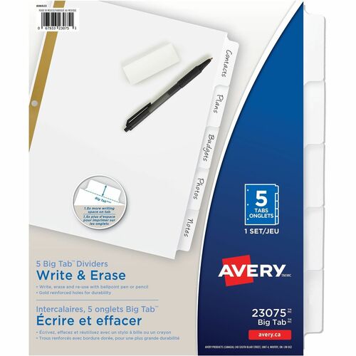 Write-On Dividers, with Erasable Tabs, 5-Tab, 11" x 8-1/2", White