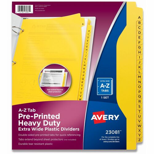 Dividers, A-Z, Extra-Wide, 9-1/20" W x 11-1/20" L, Yellow