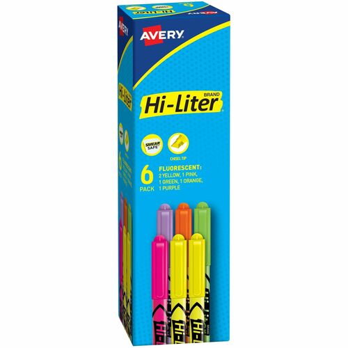 Highlighters, Pen Style, Smear Safe, Chisel Point, Ast 6/PK