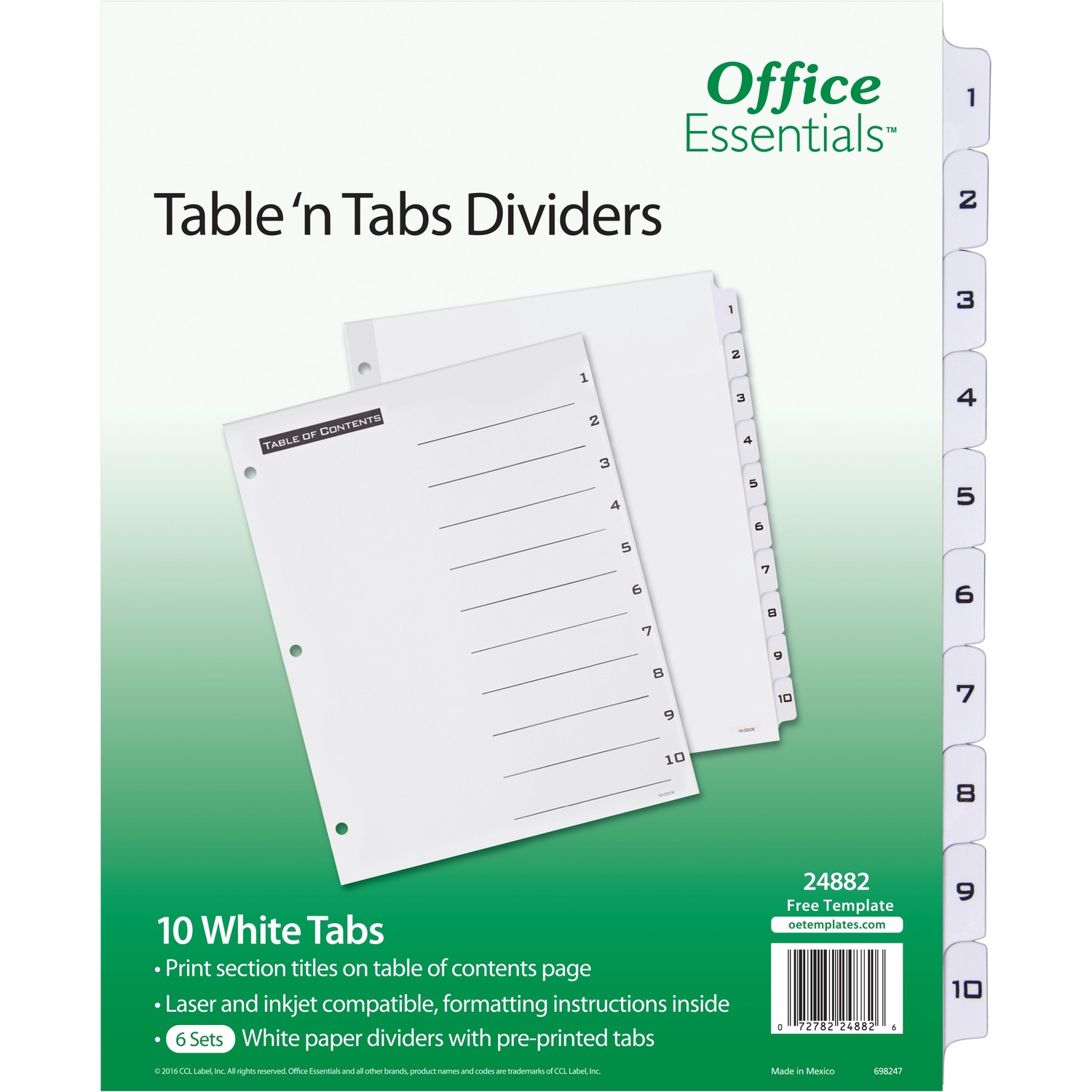 Dividers, Preprinted Number 1-10, Table of Contents, 3 Hole Punch, Letter, White 36/CT