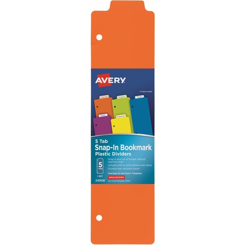 Bookmark Dividers, Snap-In, 3 Hole Punch, 5 Tab, 3" x 11-1/2", Ast