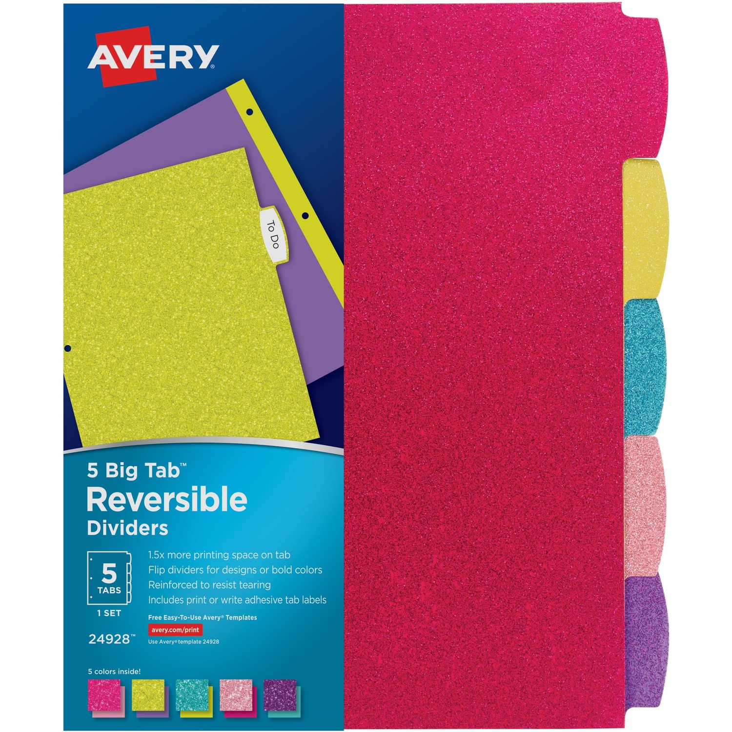 Index Dividers, Big Tab, Reversible, Glitter, 5-Tab 24/CT
