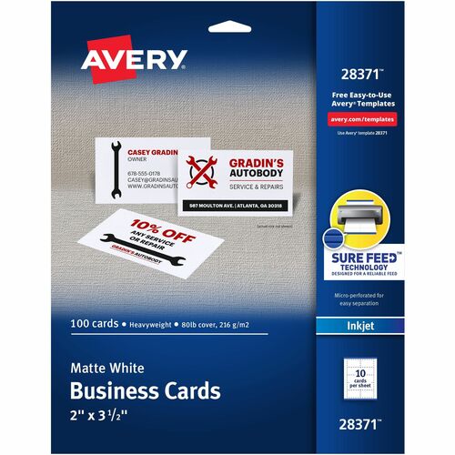 Business Cards, Inkjet, 2" x 3-1/2", Matte White 500/CT