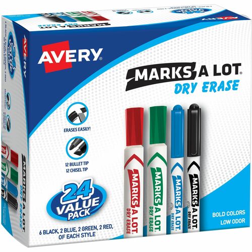 Dry Erase Markers Combo Pack, Chisel/Bullet Point, Ast 24/BX