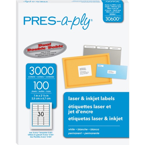 Laser Labels, Address, 1" x 2-5/8", White 3000/BX