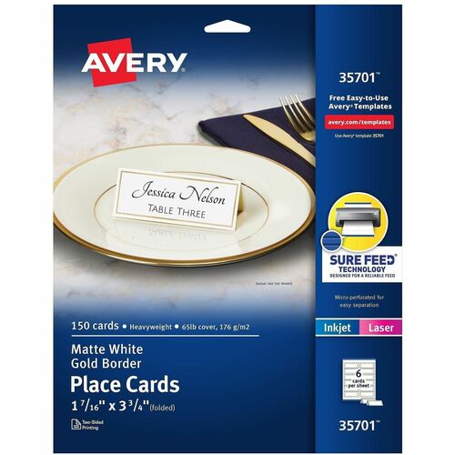 Place Cards, Laser/Inkjet, 1-7/16" x 3-3/4", Gold Border/White 150/PK