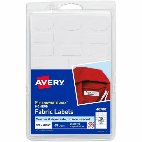 Fabric Labels, No-Iron, AST Shapes/Sizes, White, 45/Pk 18/CT