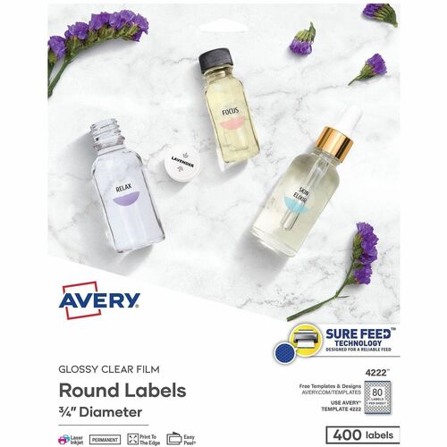 Labels, Glossy, Round, Print-to-Edge, 3/4" Dia, Clear 400/PK