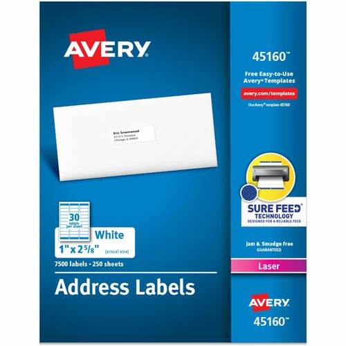 Laser Labels, Mailing, 1"x2-5/8", White 7500/BX