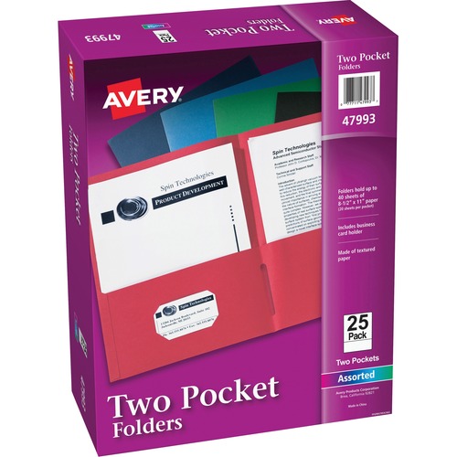 2-Pocket Folder, Letter-Size, 20 Sheets per Pocket, Assorted 25/BX