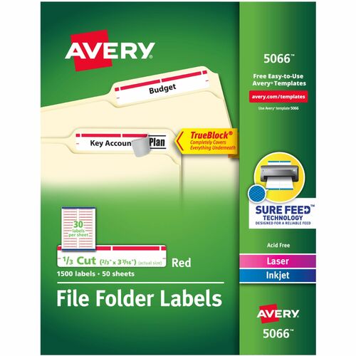 Labels, Filing, TrueBlock, 1/3 Cut, Red 1500/BX