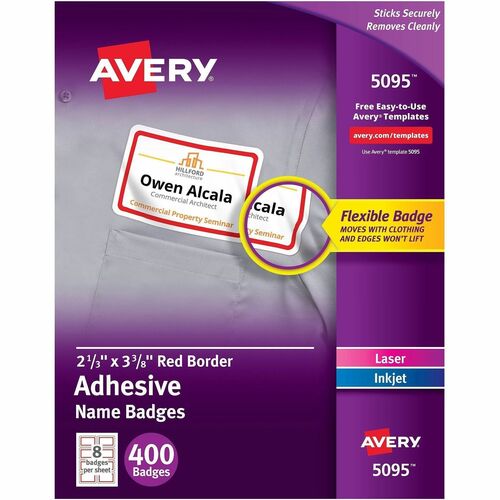 Name Badges, Laser/Inkjet, 2-1/3"x3-3/8", Red Border/White 400/BX