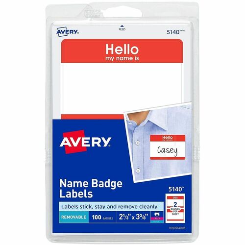 Name Badge Labels, "Hello"/Name, 2-1/3" x 3-3/8", Red 100/PK