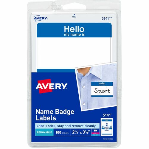 Name Badge Labels, "Hello", 2-11/32"x3-3/8", Blue 100/PK