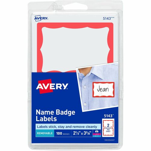 Name Badge Labels, 2-11/32"x3-3/8", Red Border 100/PK