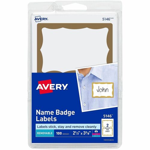 Name Badge Labels, 2-11/32"x3-3/8", Gold Border 100/PK