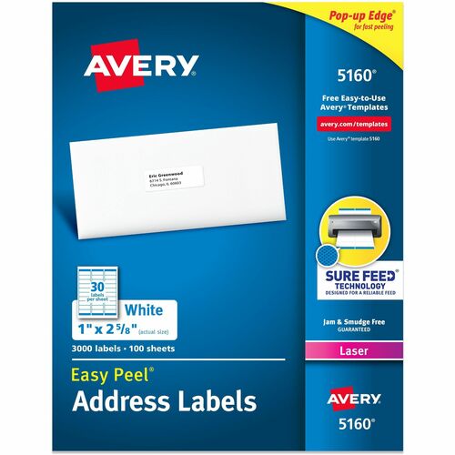 Laser Labels, Mailing, 1"x2-5/8", White 3000/BX