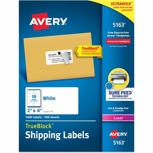 Laser Labels, Mailing, Permanent, 2" x 4", White 1000/BX