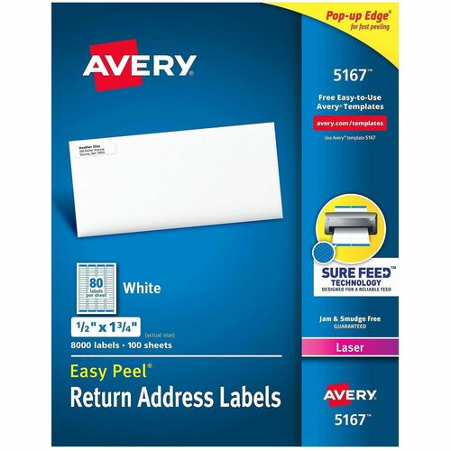 Laser Labels, Mailing, 1/2"x1-3/4", White 8000/BX