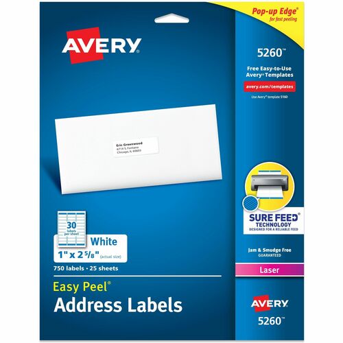 Laser Labels, Mailing, 1" x 2-5/8", White 750/PK