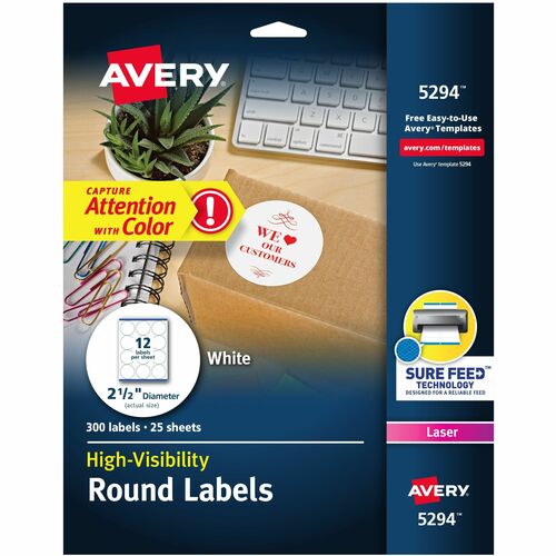 Round Laser Labels, 2-1/2" Diameter, White 300/PK