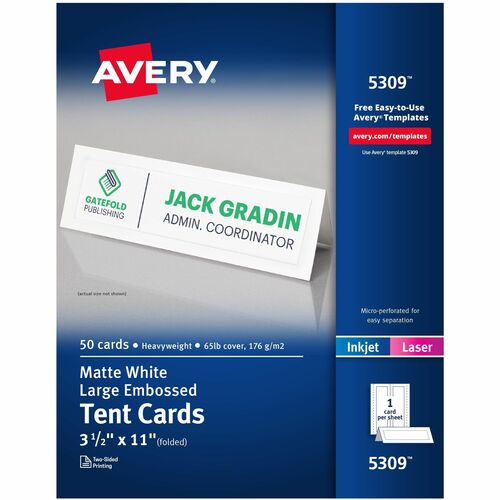 Laser/Inkjet Tent Cards, Large, Perforated, 3-1/2" x 11", White 50/BX