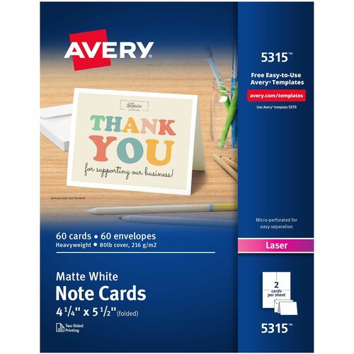 Note Cards, Laser, Envelopes, 4-1/4" x 5-1/2", White 60/BX