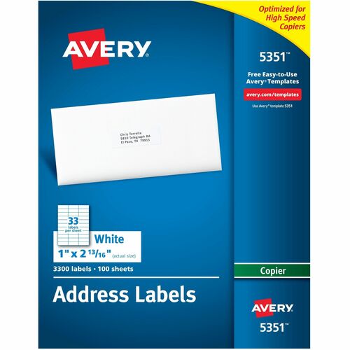 Copier Label, Mailing, 1"x2-13/16", White 3300/BX