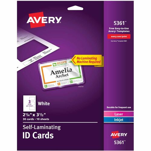 Laminated Laser/Inkjet ID Cards, 2-1/4"x3-1/2", White 30/BX
