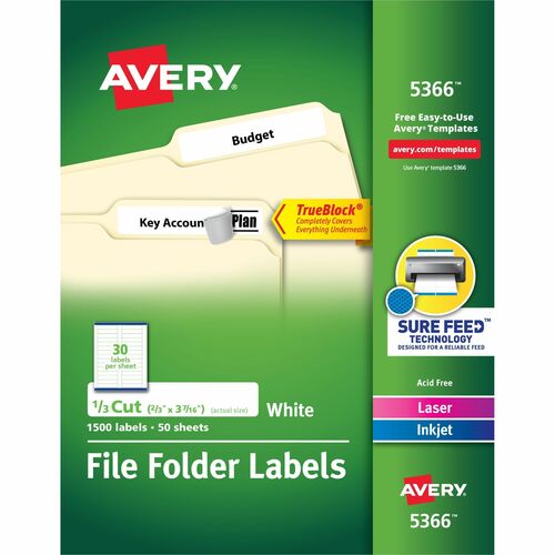 Labels, Filing, TrueBlock, 1/3 Cut, White 1500/BX