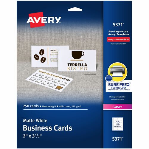 Business Card, Laser, 2" x 3-1/2", White 250/PK