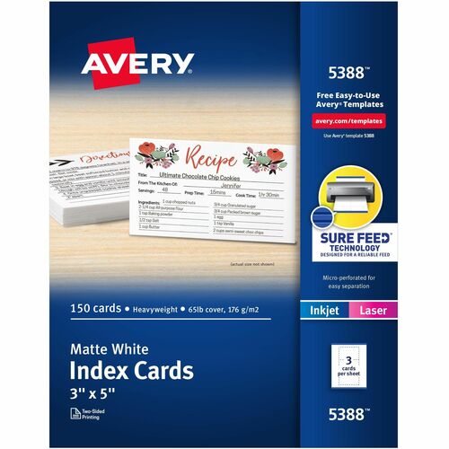 Laser/Inkjet Index Cards, Perforated, 3" x 5", White 150/BX