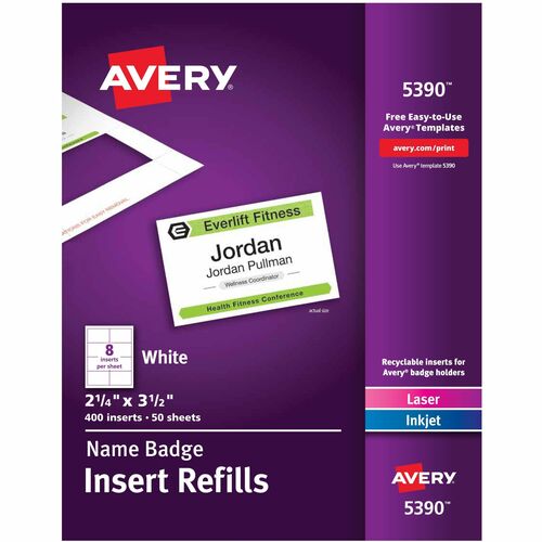 Insert Badge Refill, Fits 2-1/4" x 3-1/2", 8 Sheets, White 400/BX